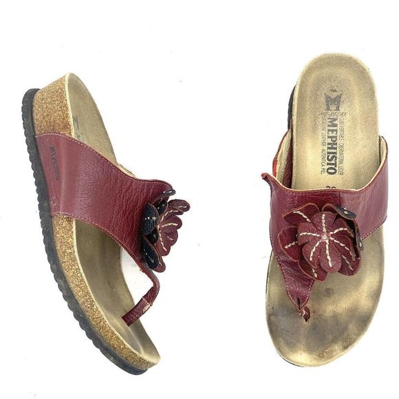 MEPHISTO VIOLETTE DARK RED LEATHER FLORAL THONG SLIDE PLATFORM SANDALS 39 - Picture 1 of 9